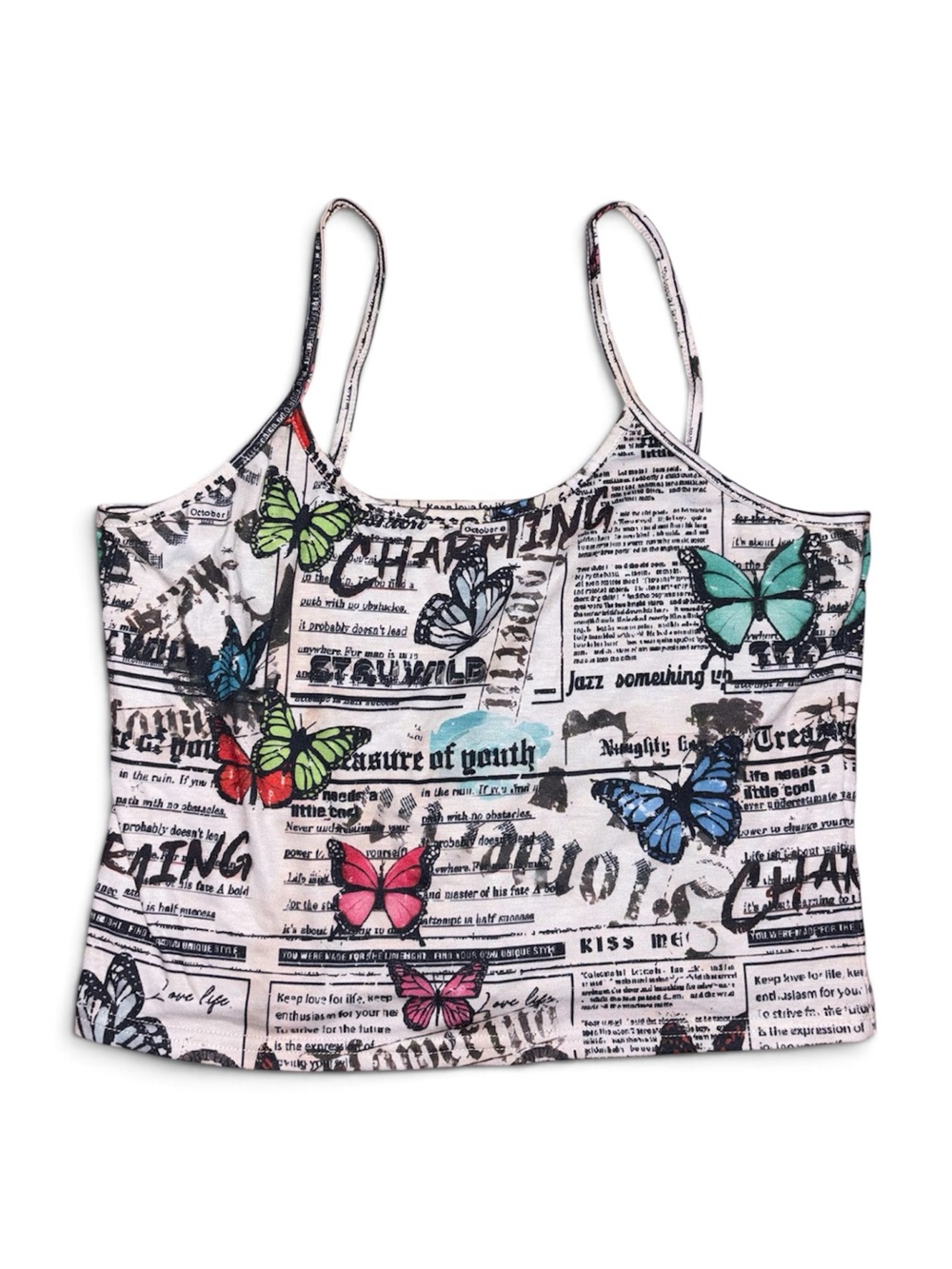 Newsprint Butterfly Spaghetti Crop Top